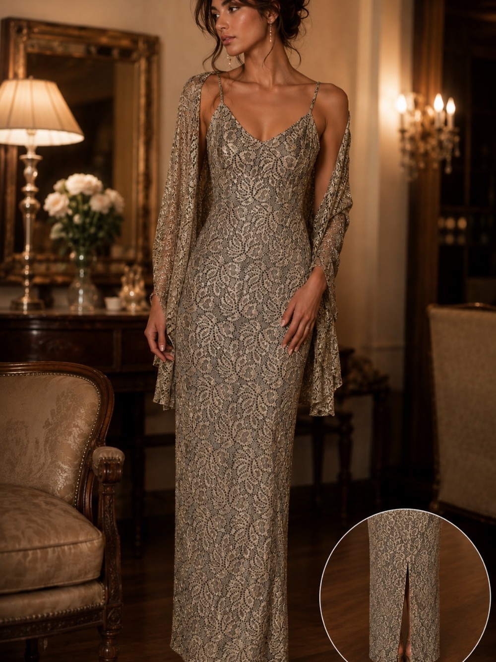 Strappy Lace Maxi Dress in Gold